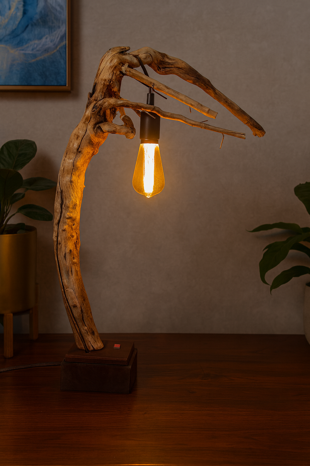 Lámpara de mesa rústica de madera flotante