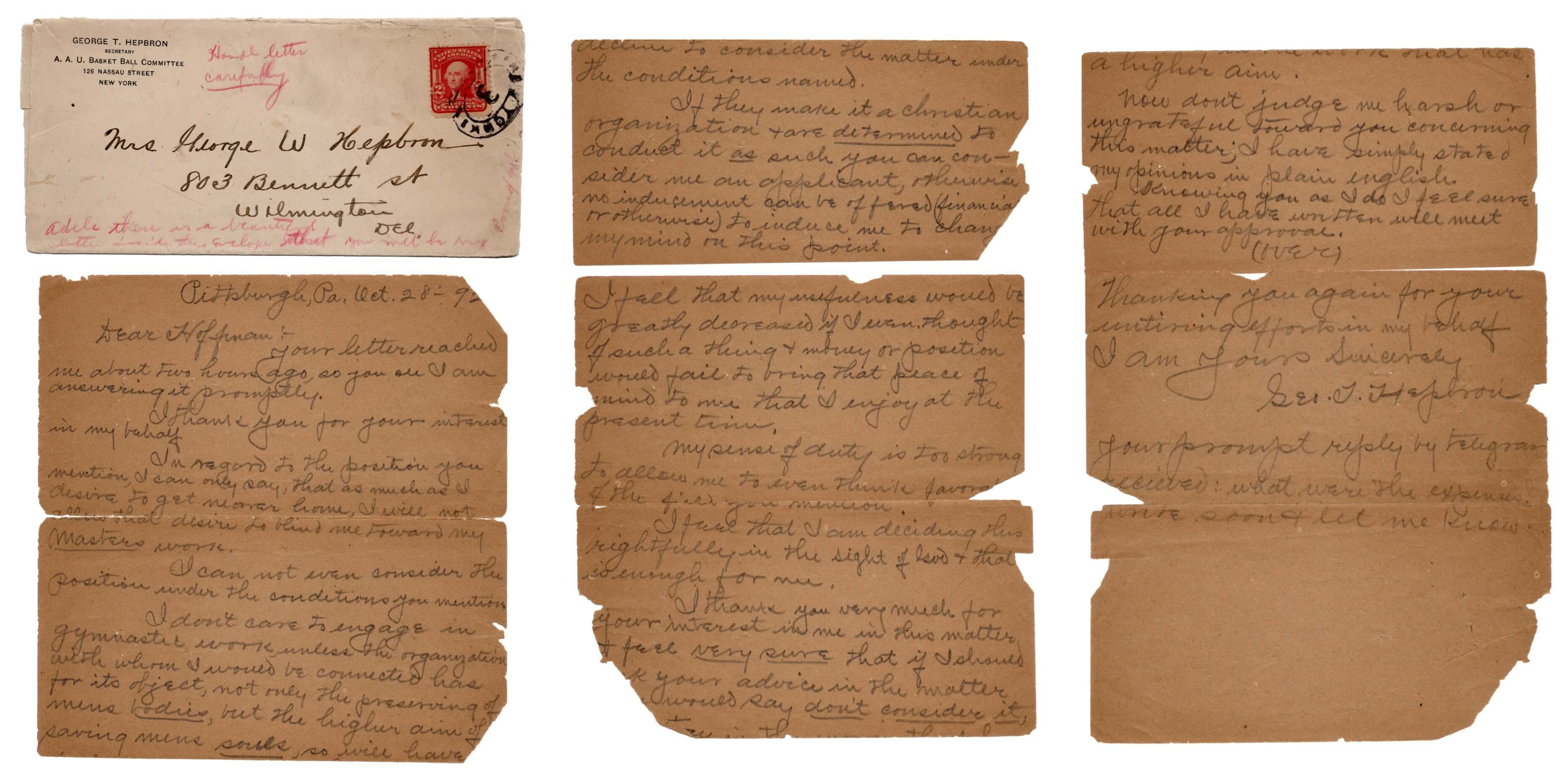 Original Signed Letter by Basketball HOF George T. Hepbron with Envelope, October 28th, 1892