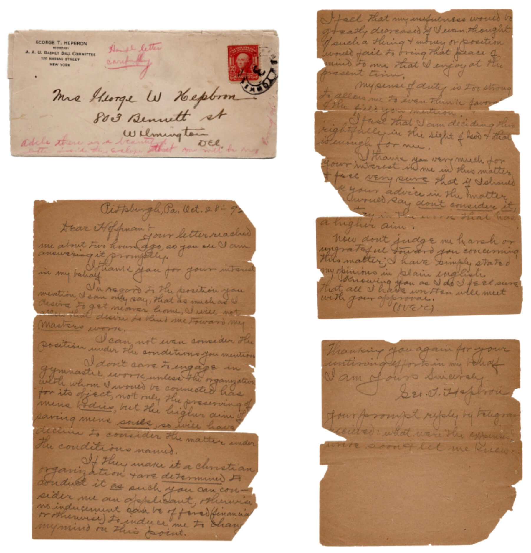 Original Signed Letter by Basketball HOF George T. Hepbron with Envelope, October 28th, 1892