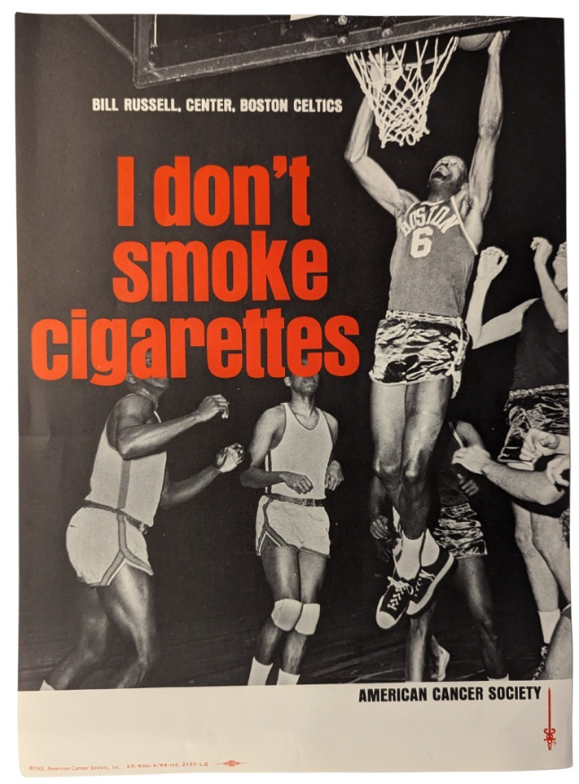 1965 Bill Russell Anti-Smoking Poster produced by the American Cancer Society. 