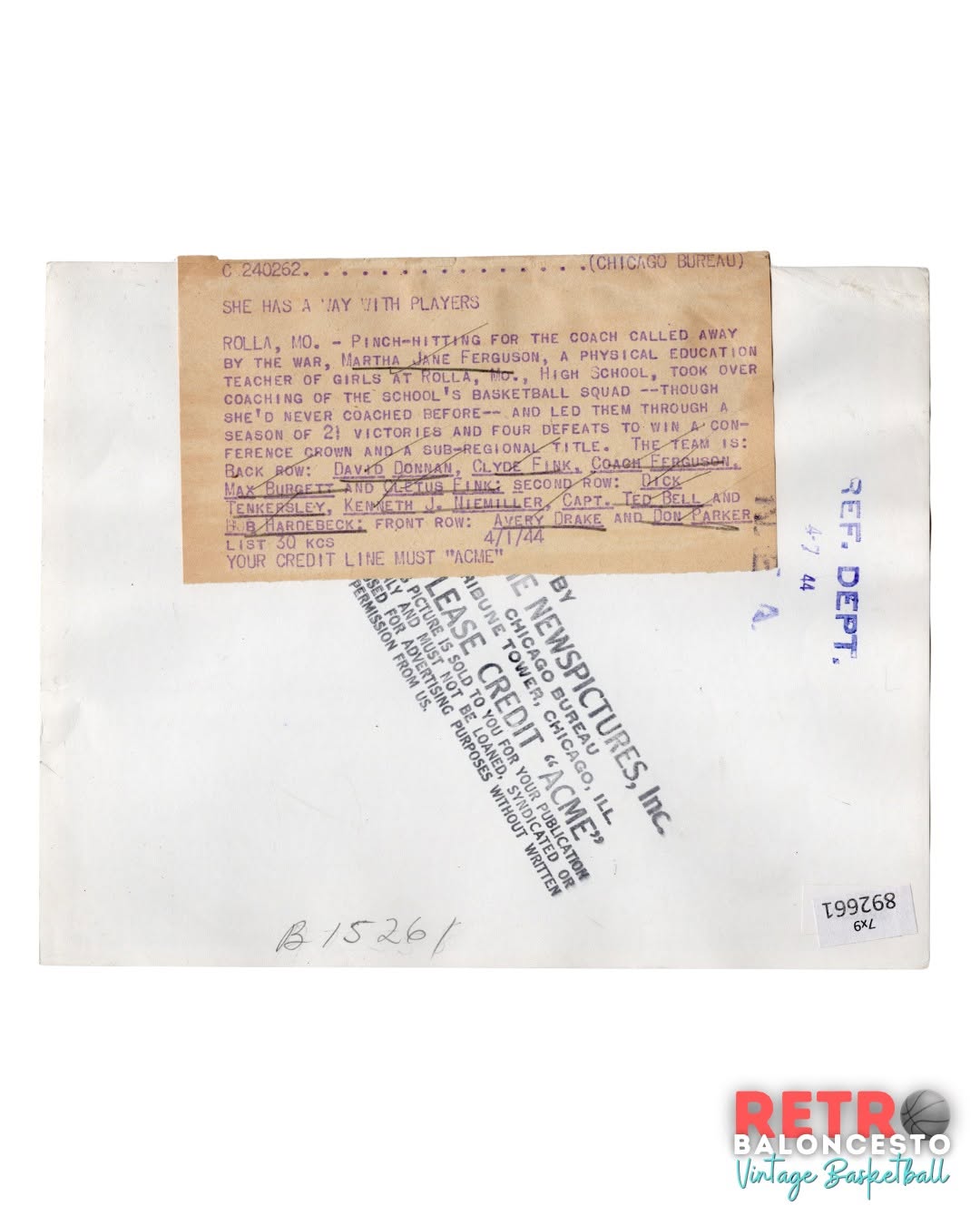 1944 Press Photo with great WW2 story of a female coach stepping in and leading the boys team to victory.