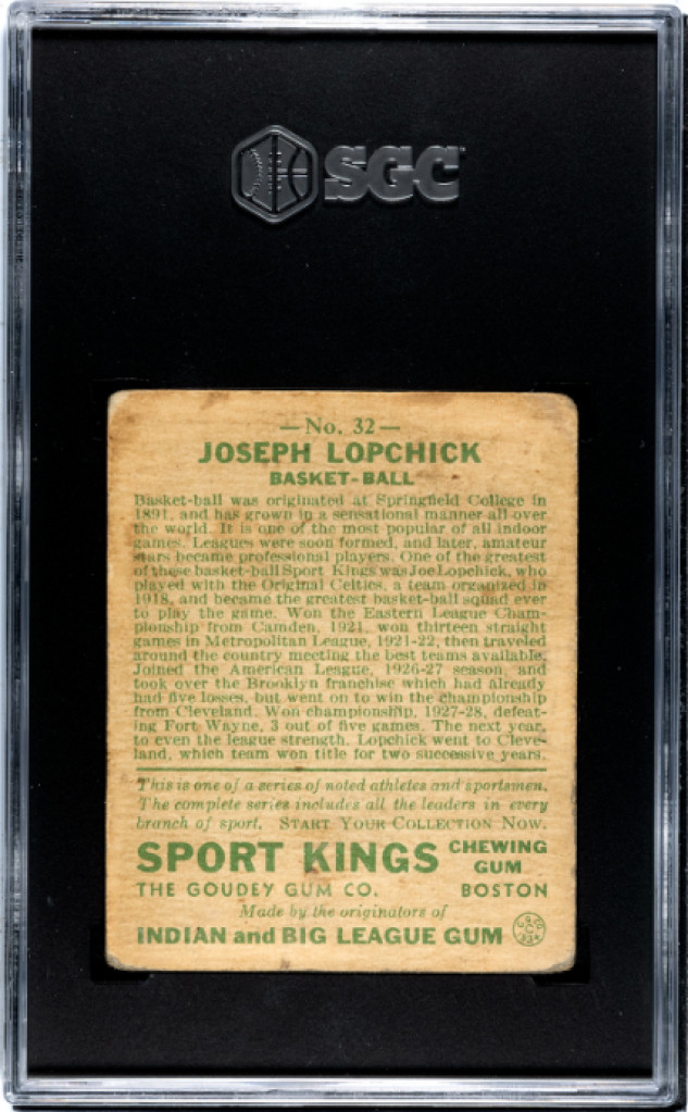 1933 Sport Kings Gum #32 Joe Lopchick Basketball Card SGC 1