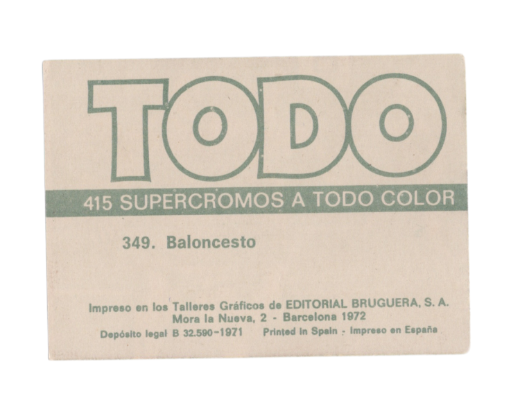 1972 Editorial Bruguera TODO #349 Baloncesto (Spanish Basketball Card)