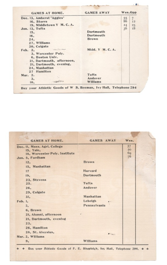 1905-1907 Wesleyen University Basketball Pocket Schedules