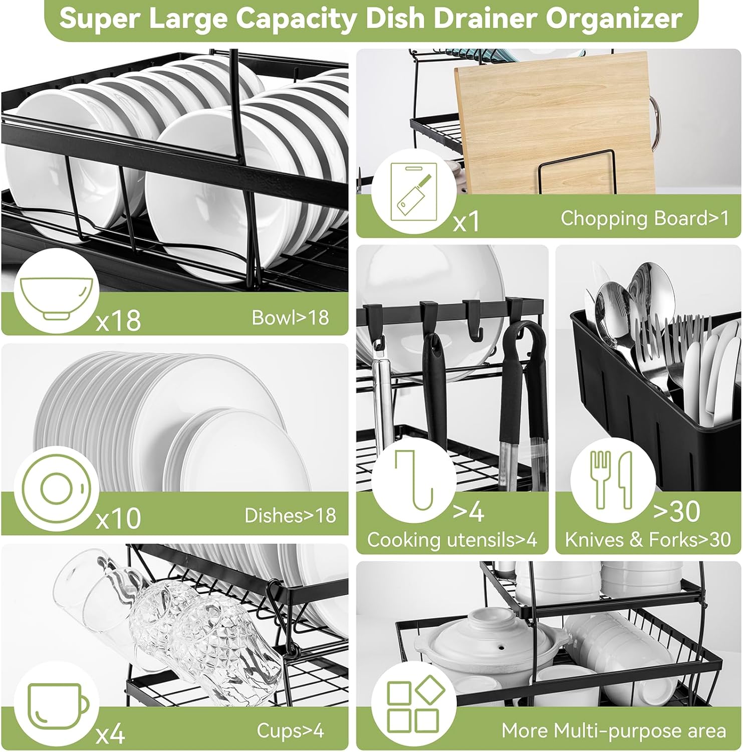 Large Capacity Dish Drying Rack with Drip Tray – Countertop Kitchen Organizer