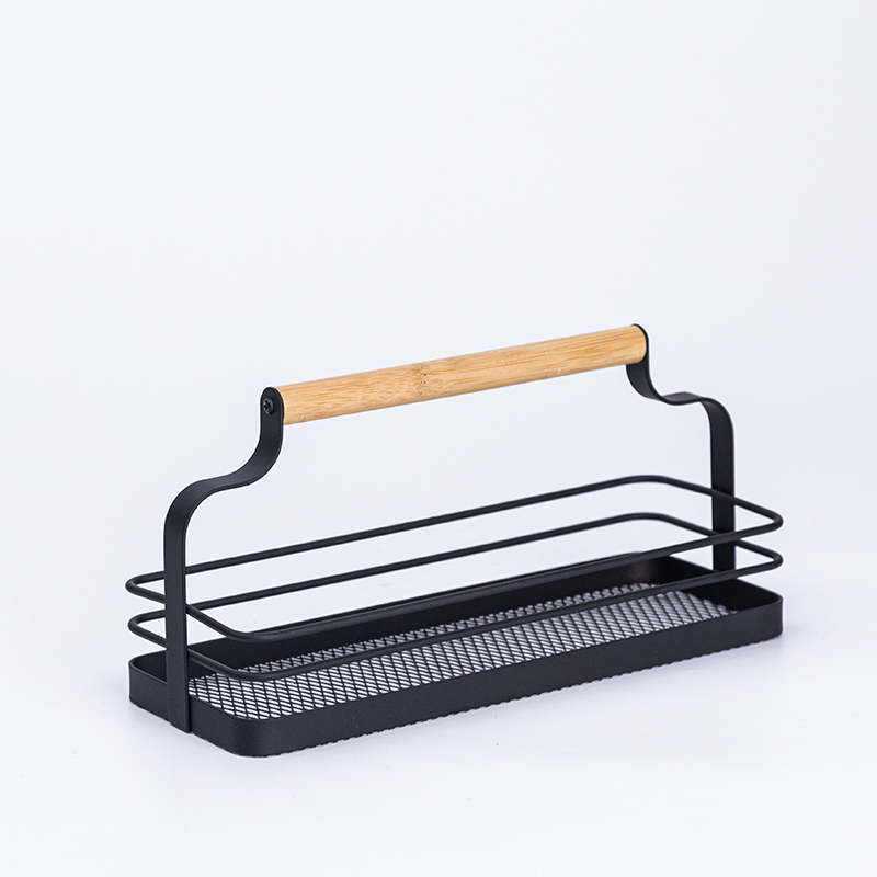 Metal Kitchen Countertop Organizer with Wooden Handle – Black Wire Storage Rack