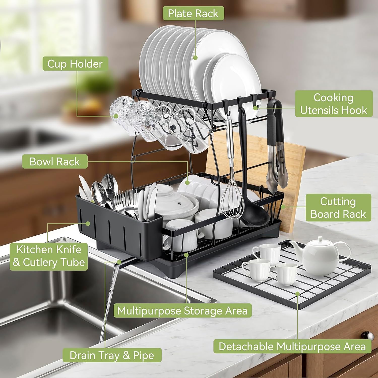Large Capacity Dish Drying Rack with Drip Tray – Countertop Kitchen Organizer