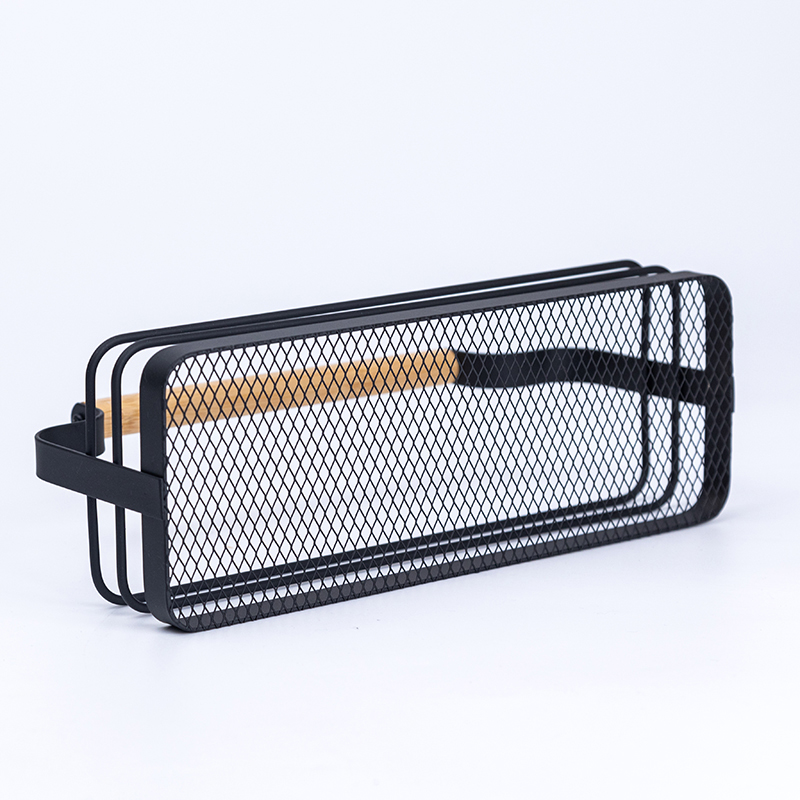 Metal Kitchen Countertop Organizer with Wooden Handle – Black Wire Storage Rack