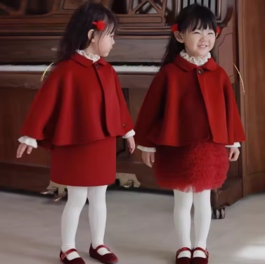 Girls' Elegant Red Cape Dress Set