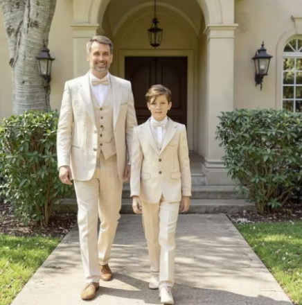 Matching Beige Formal Suits for Father and Son