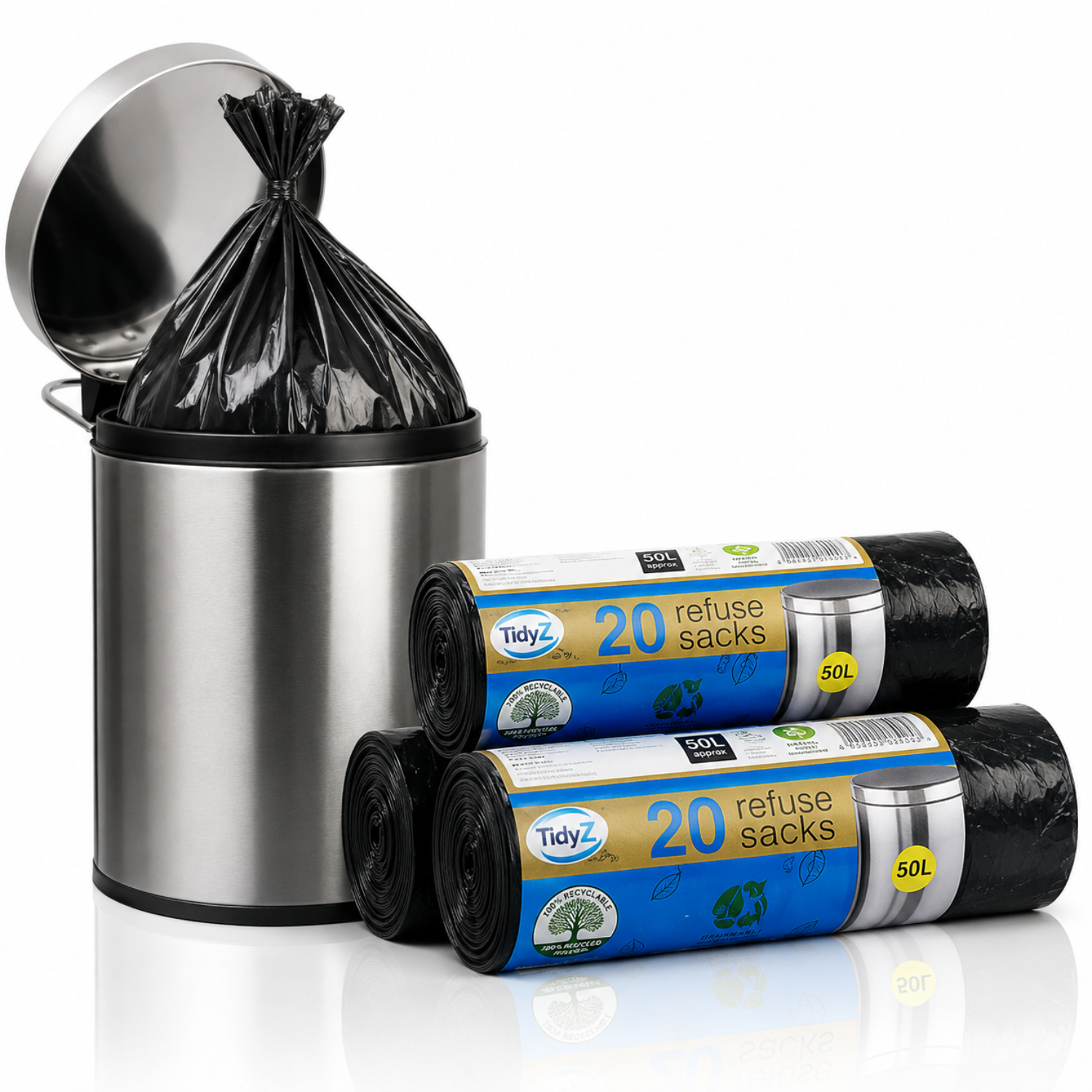 20 Packs Extra Strong 50L Bin Bags Heavy Duty Thick Waste Liners Refuse Sacks