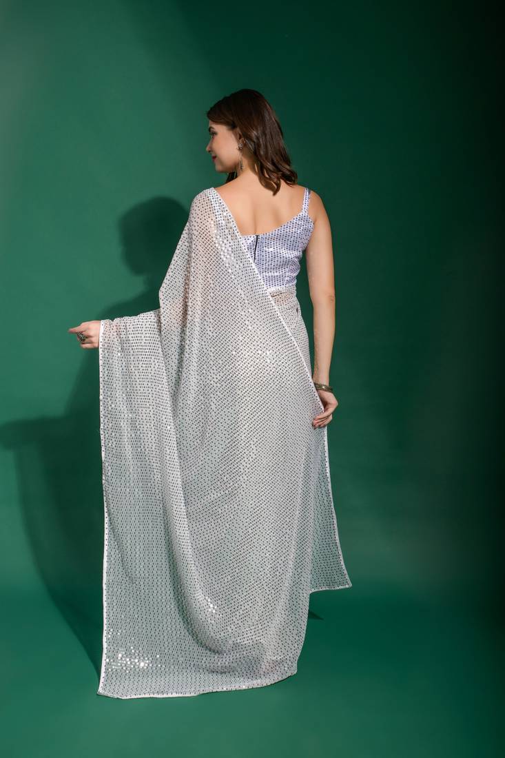 Ethnic bollywood style white saree with designer sequance embroidery work