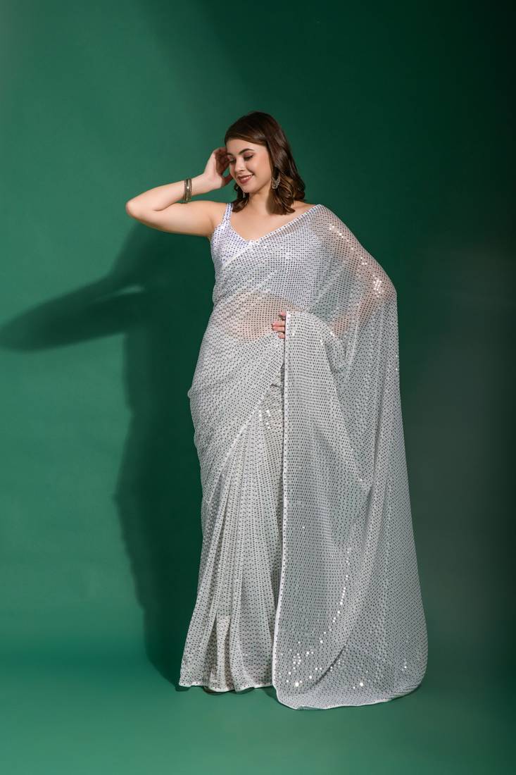 Ethnic bollywood style white saree with designer sequance embroidery work