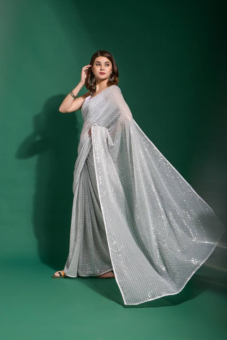 Ethnic bollywood style white saree with designer sequance embroidery work