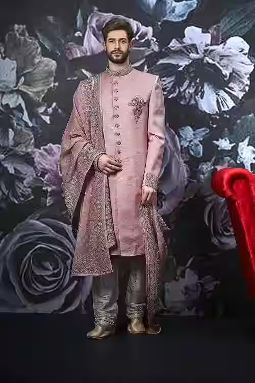 Elegant Pink Sherwani with Embroidered Dupatta