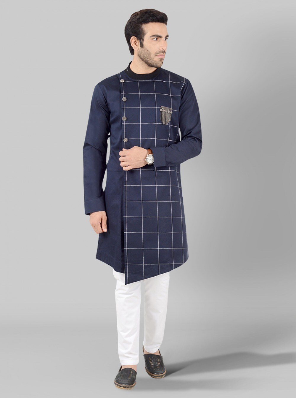 Navy Blue Checked Kurta