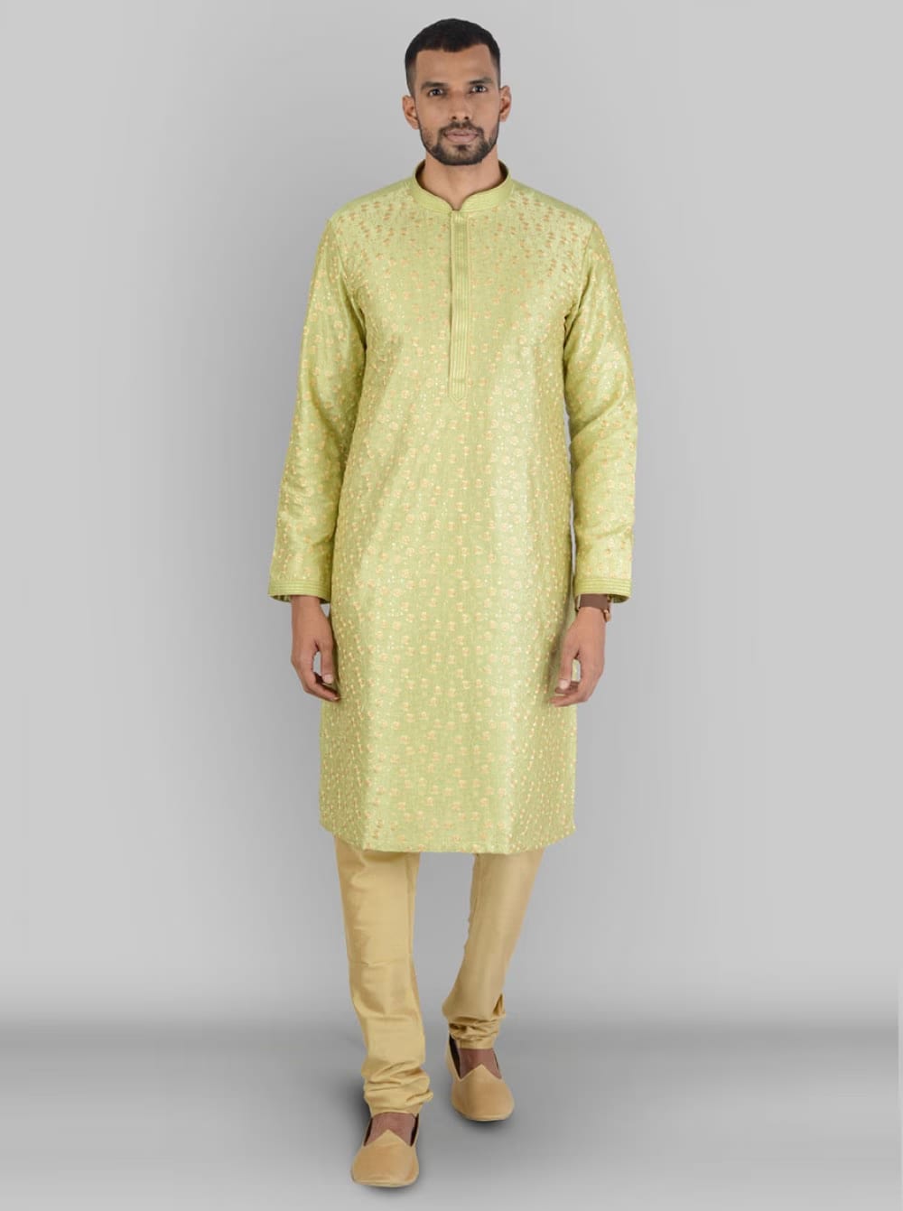 Embroidered Light Green Kurta Set for Men