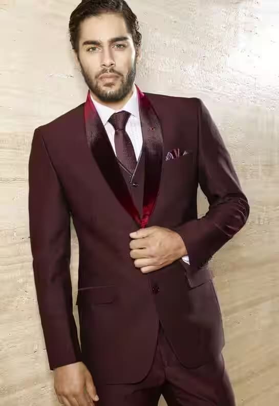 Men's Burgundy Velvet Lapel Suit
