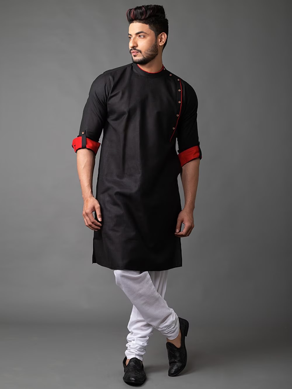 Men's Black Kurta with Red Accents
