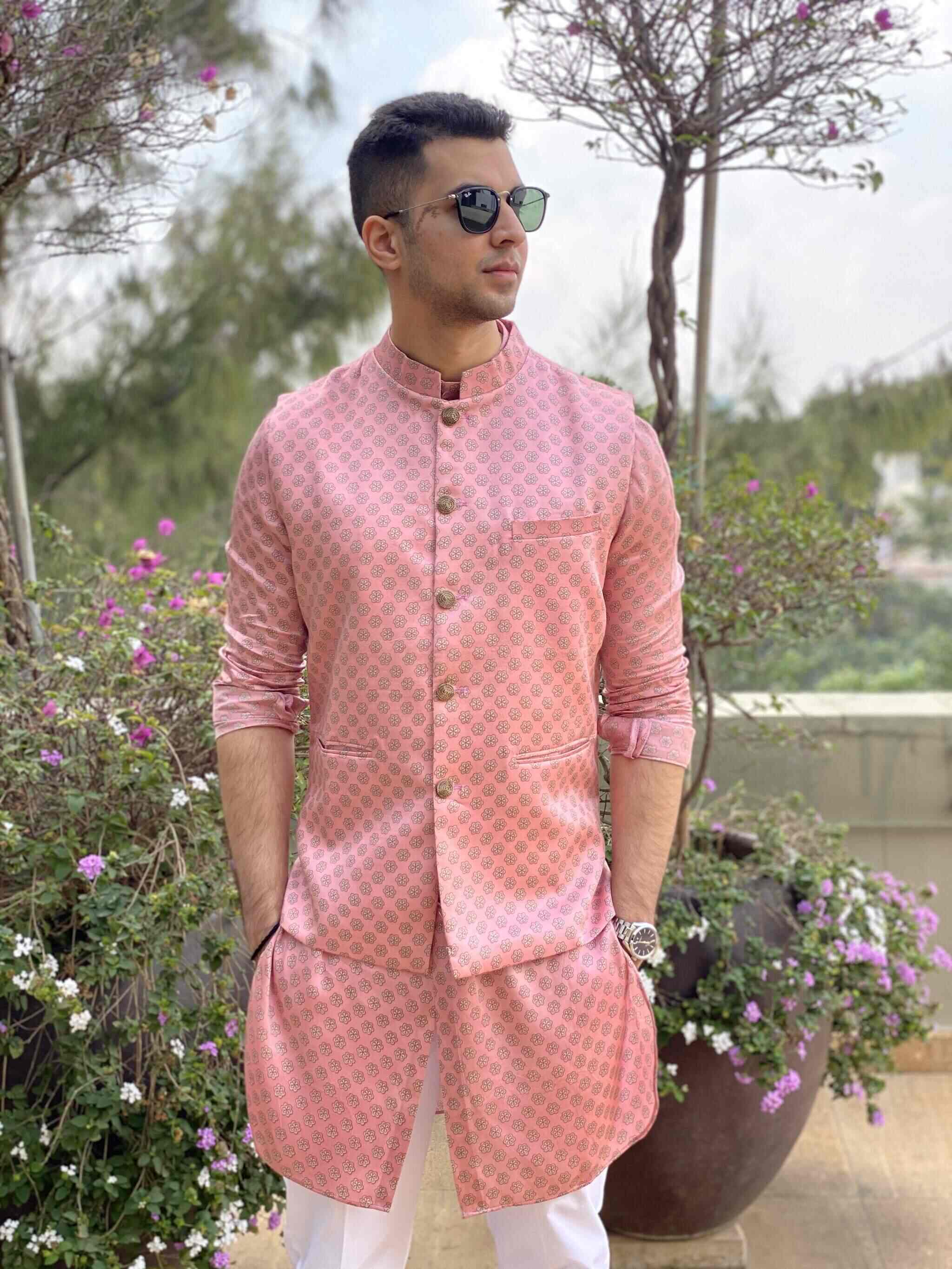 Men's Pink Printed Sherwani