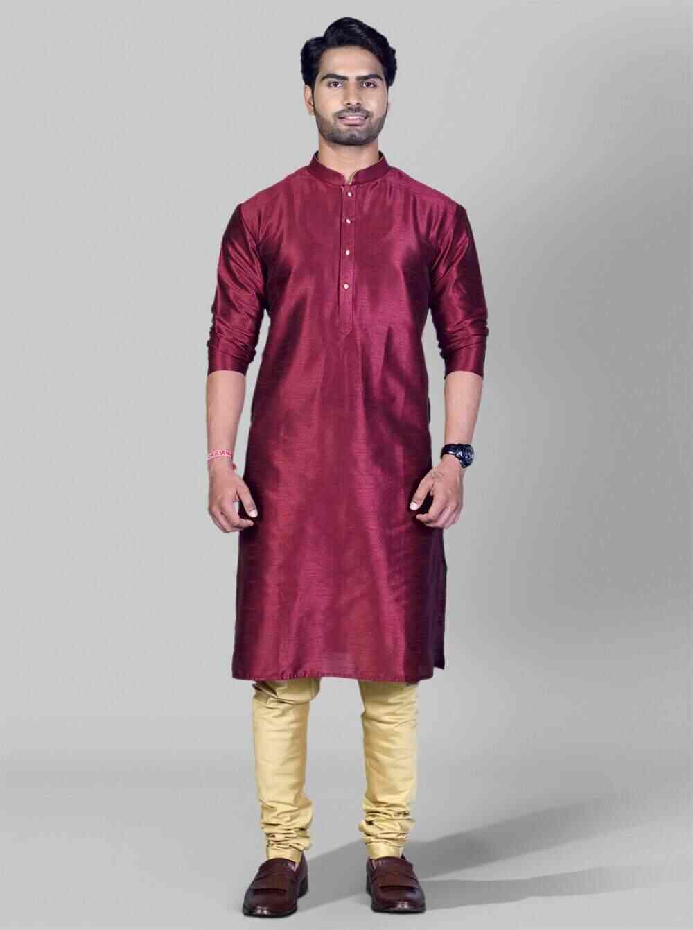 Men's Maroon Silk Kurta