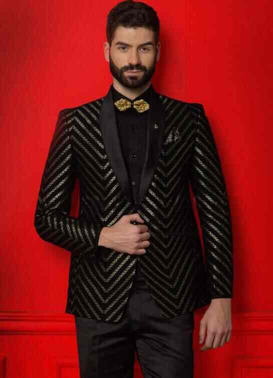 Black Chevron Patterned Suit Jacket
