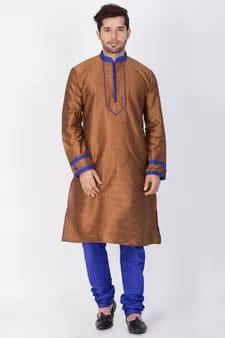 Men's Brown and Blue Kurta Pajama Set