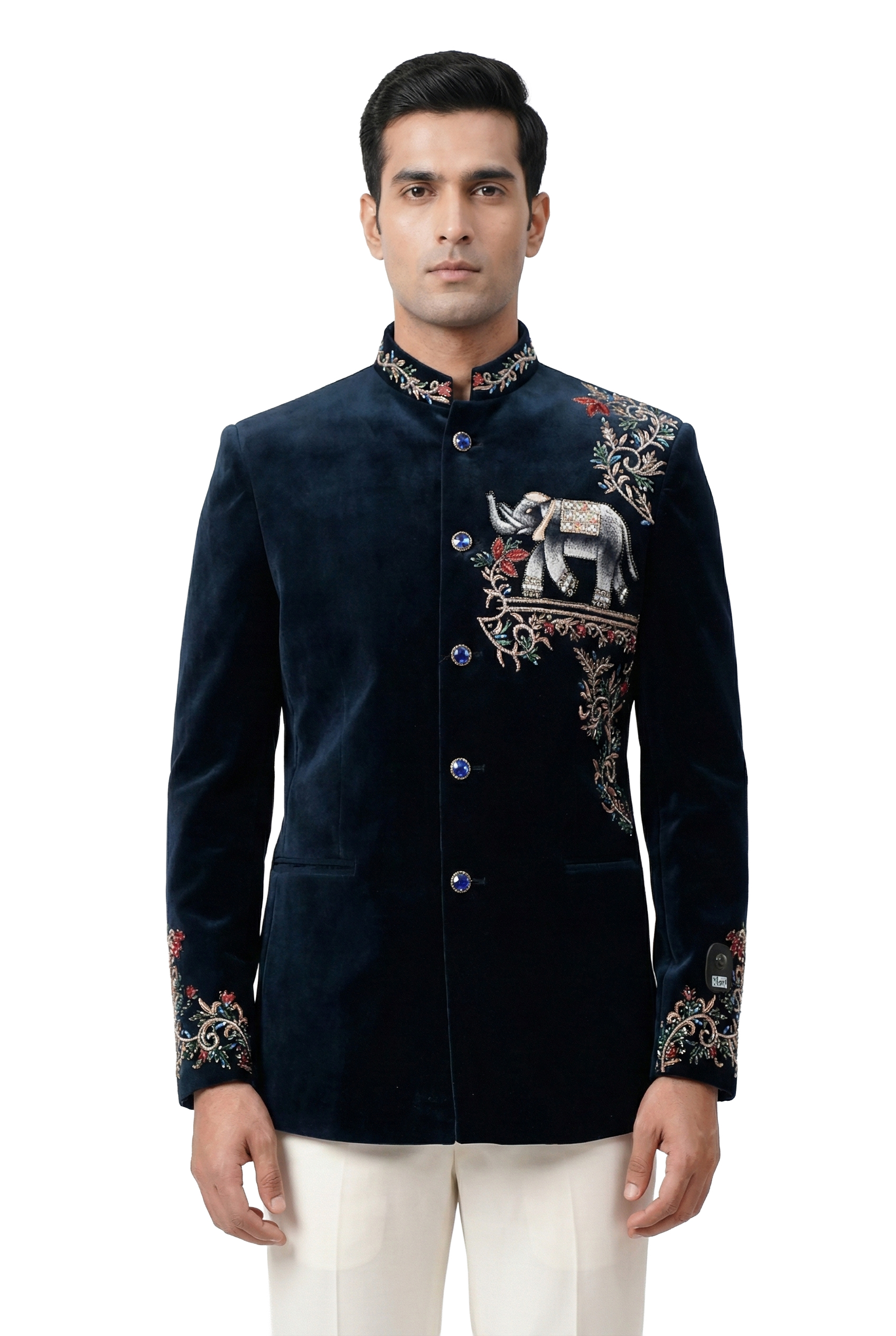 Navy Blue Velvet Embroidered Bandhgala