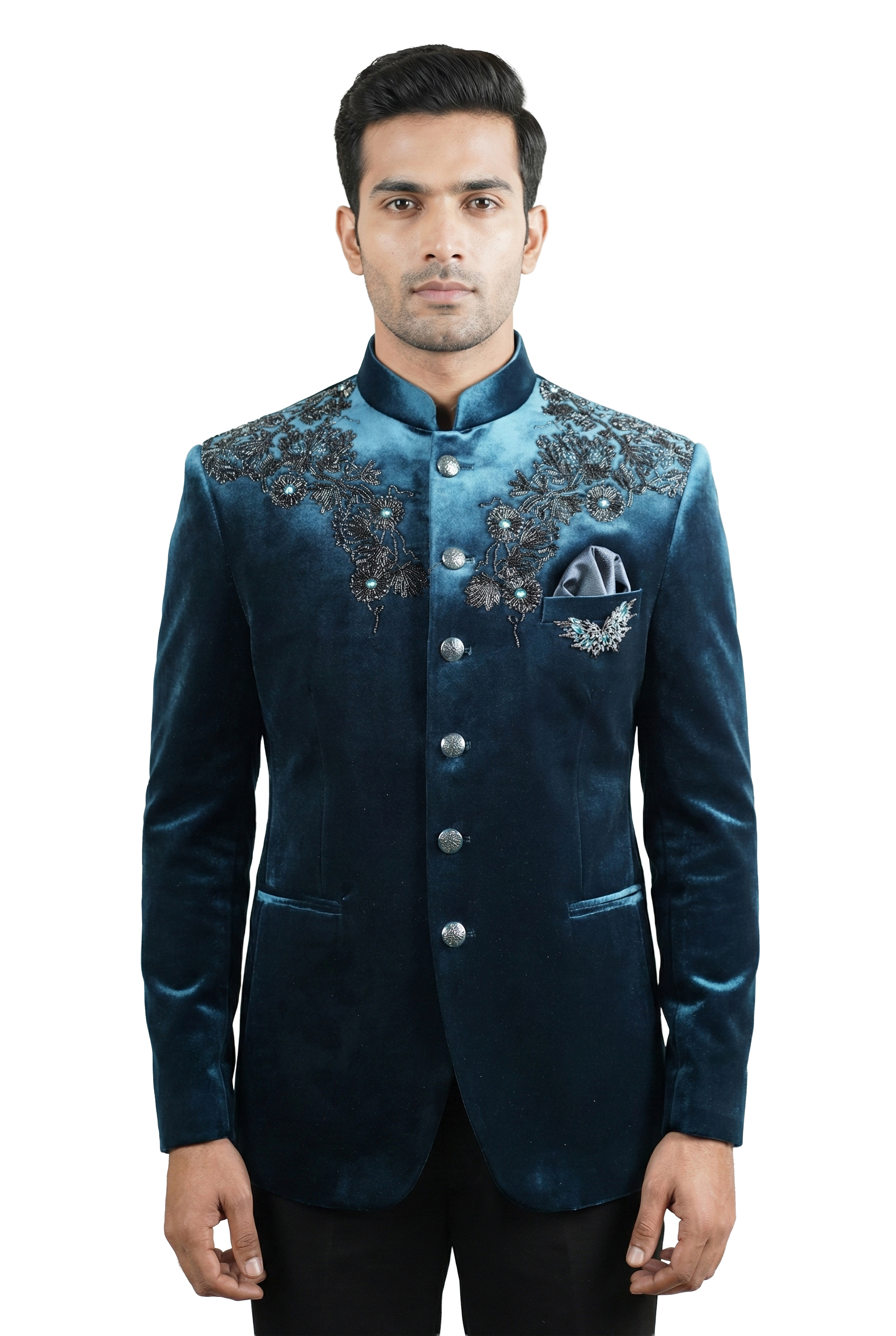 Teal Velvet Bandhgala with Floral Embroidery