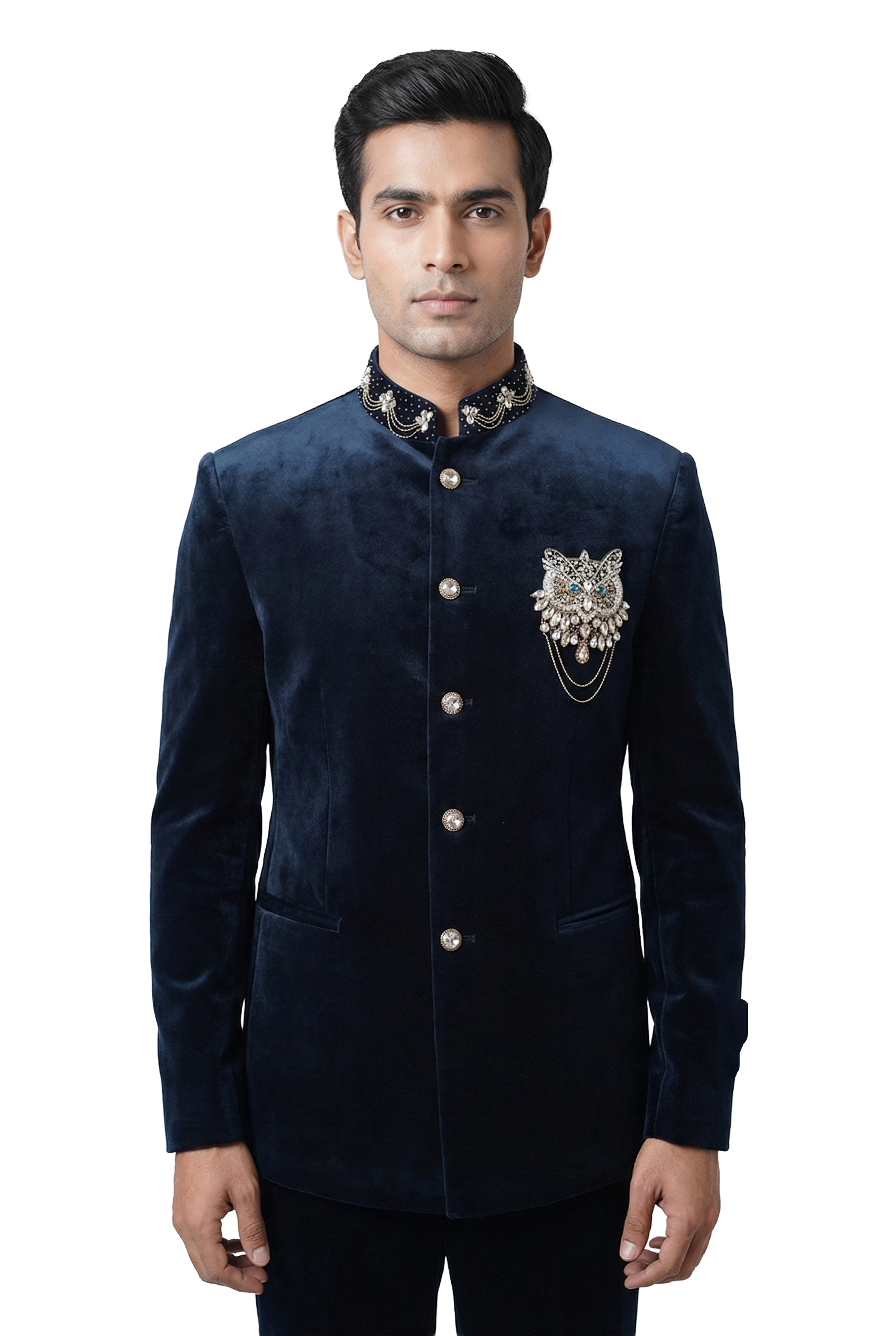 Navy Blue Velvet Bandhgala with Ornamental Brooch Detail