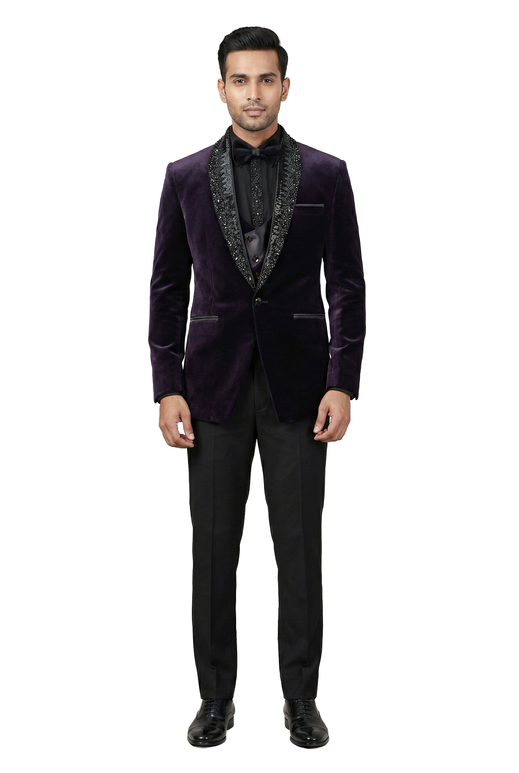 Plum Embellished Velvet Tuxedo Set