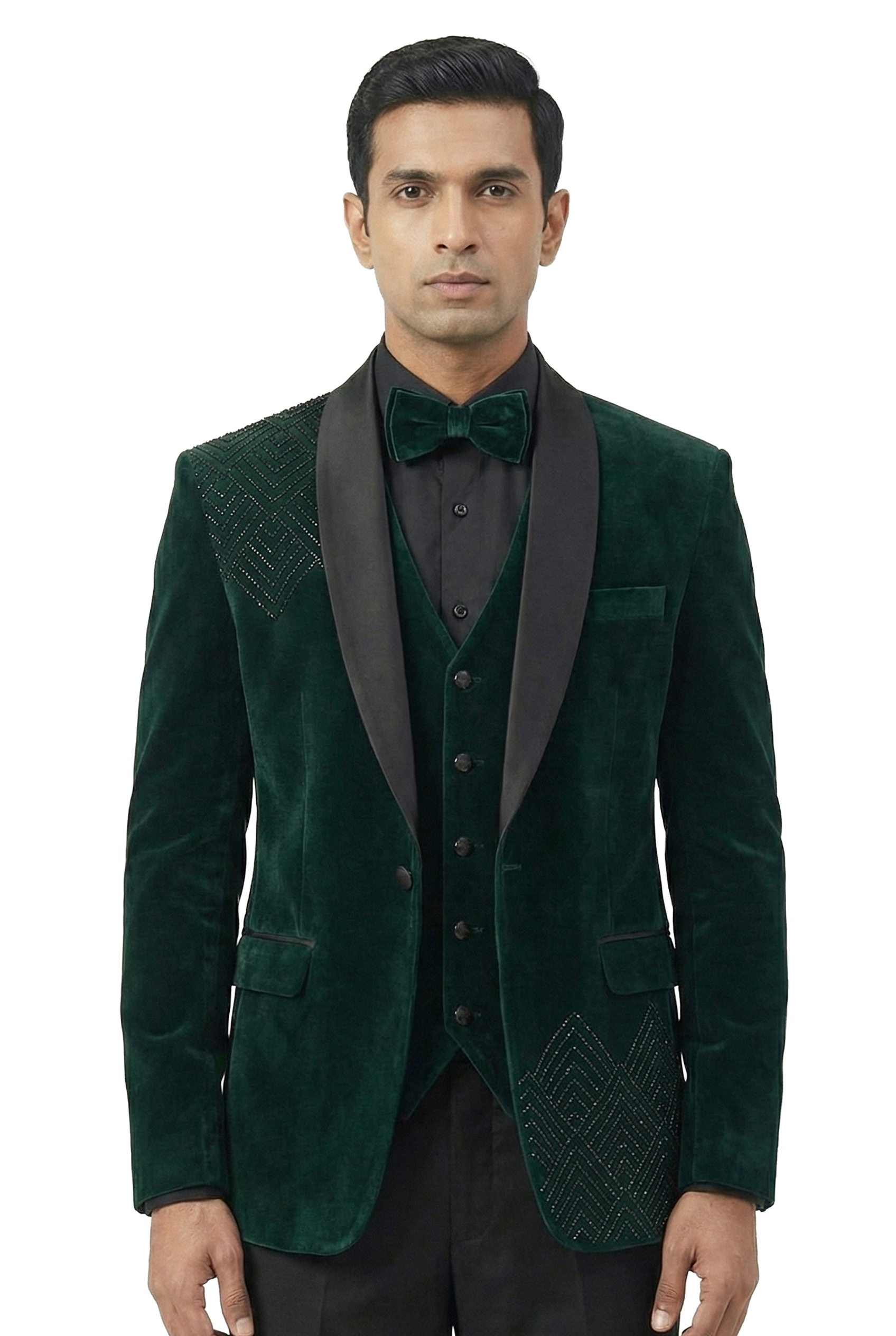 Green Velvet Tuxedo Set with Asymmetric Metallic Embroidery