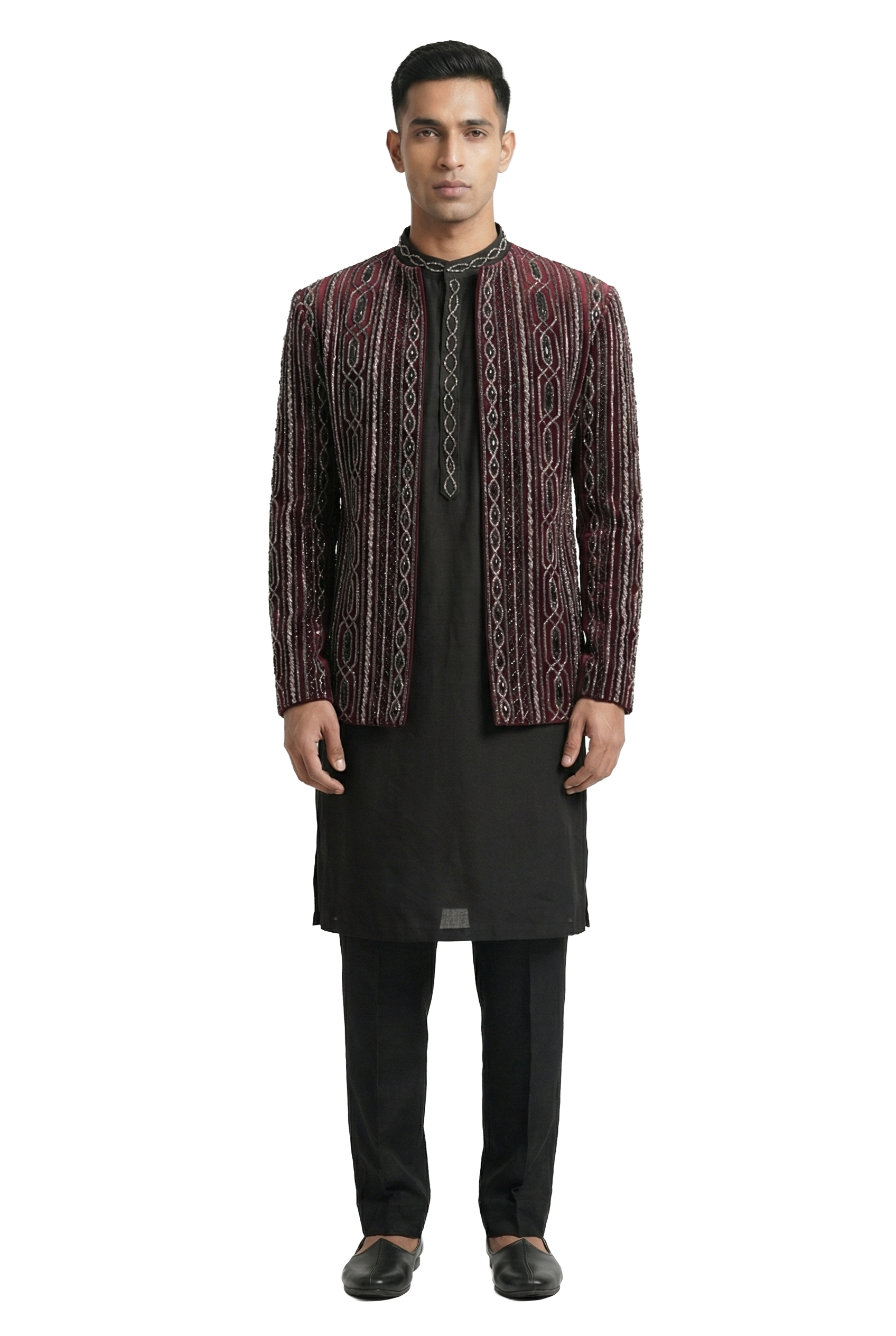 Maroon Gem-Encrusted Open-Style Jacket Set