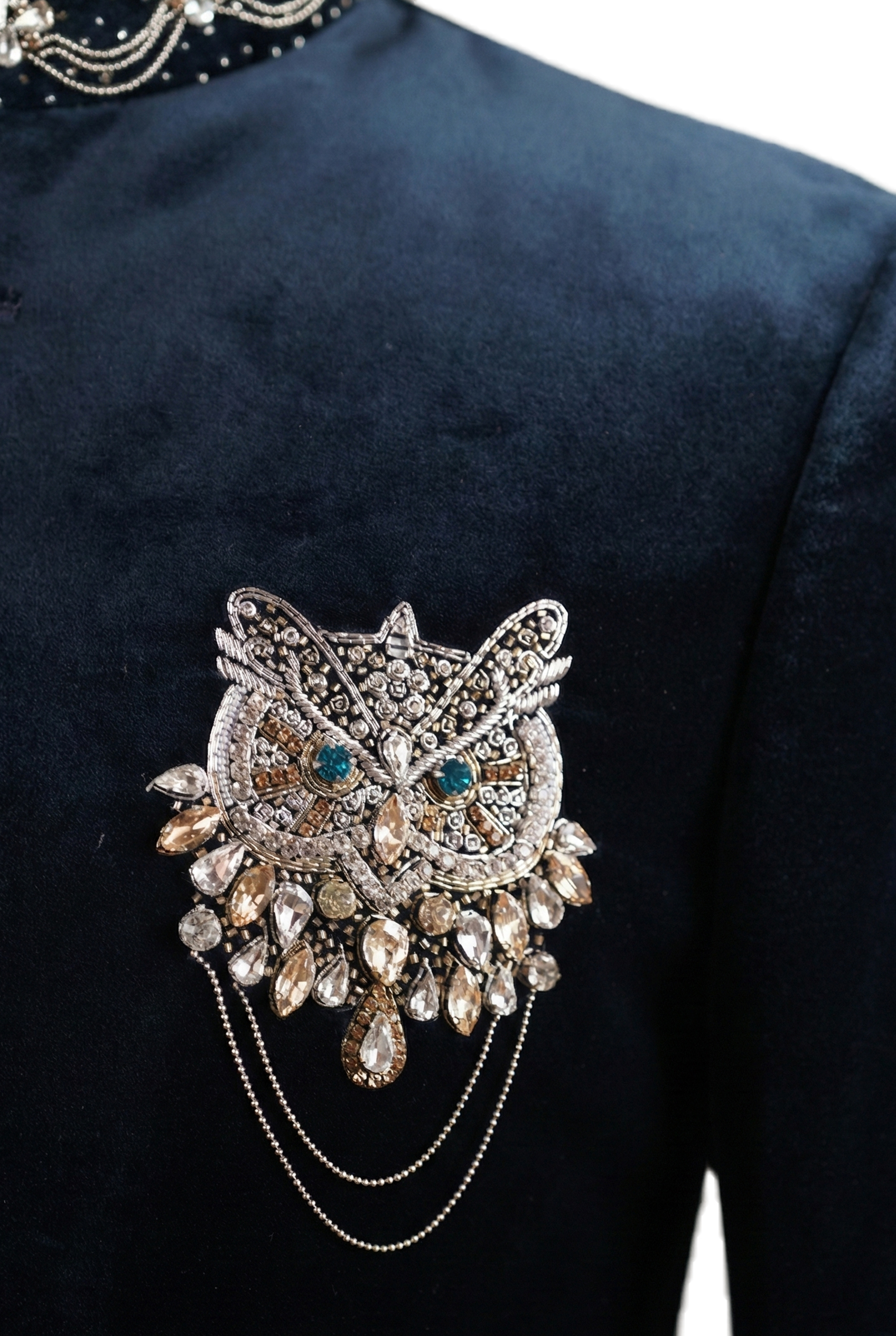 Navy Blue Velvet Bandhgala with Ornamental Brooch Detail