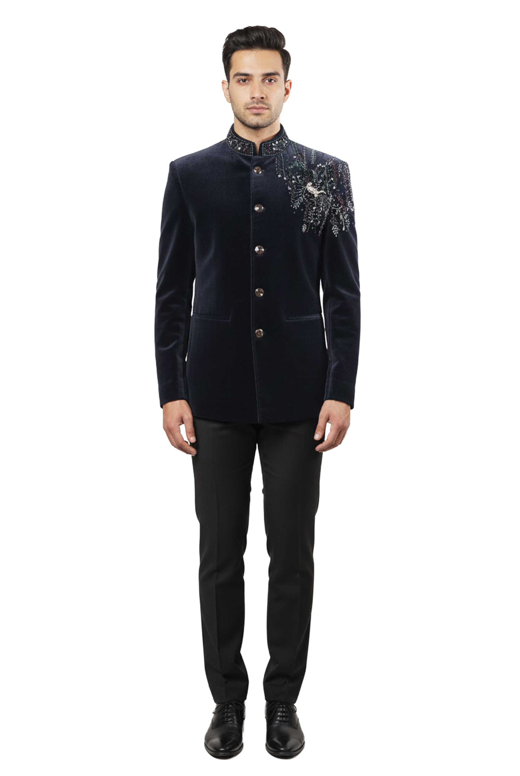 Navy Blue Velvet Bandhgala Jacket 