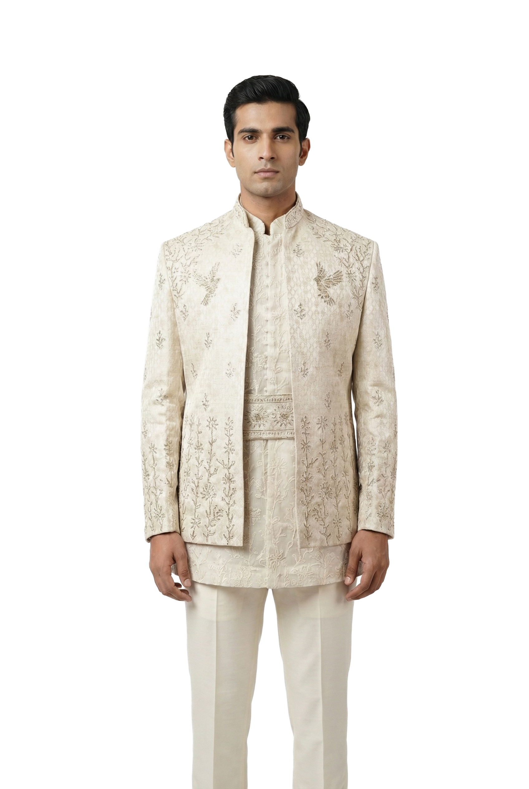 Ivory Embroidered Open-Style Jacket Set