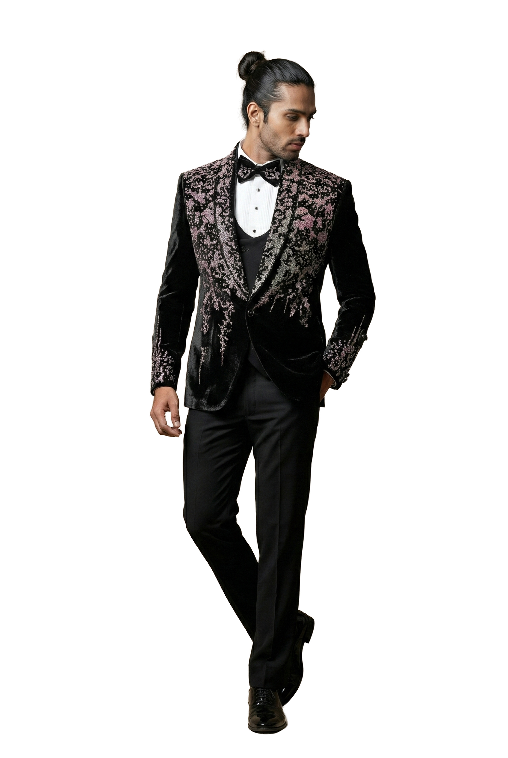 Black Abstract Embroidered Velvet Tuxedo Set