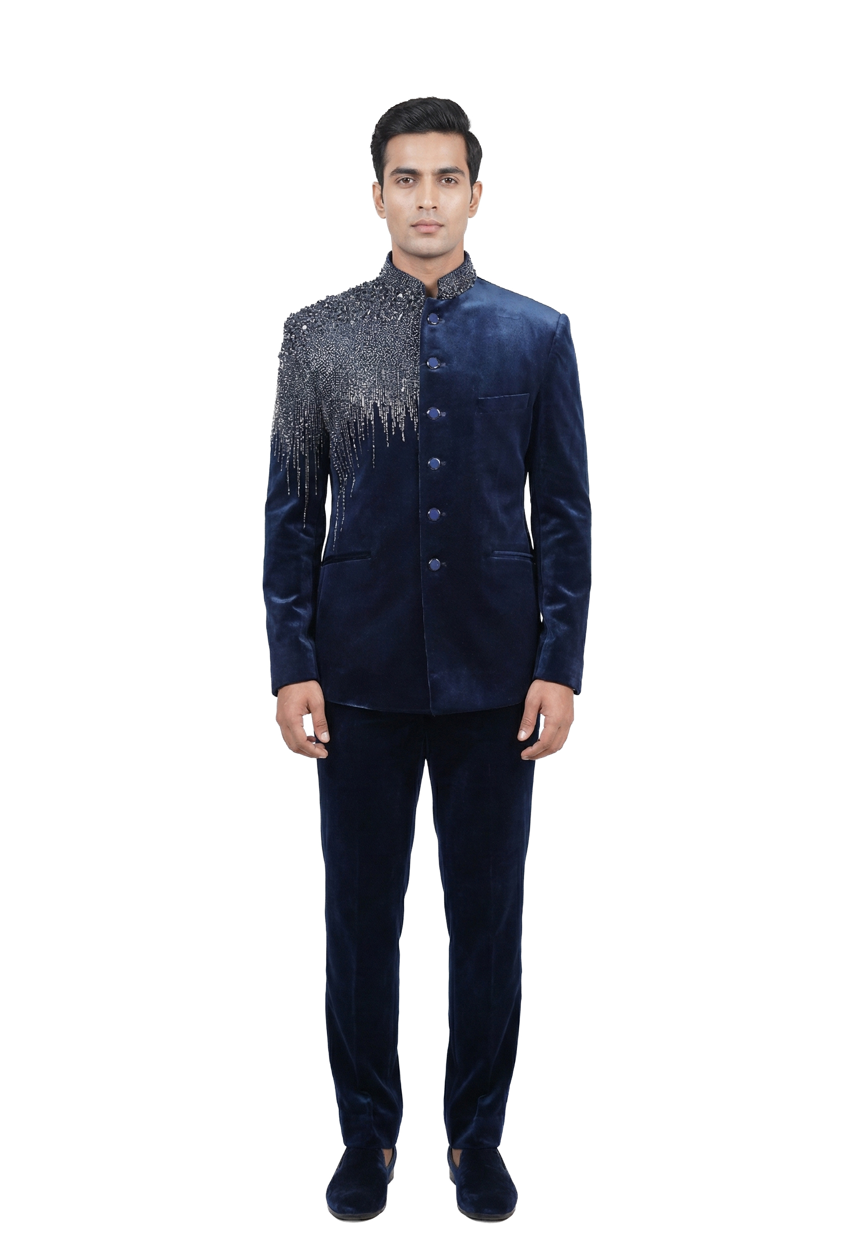 Navy Blue Velvet Bandhgala Jacket