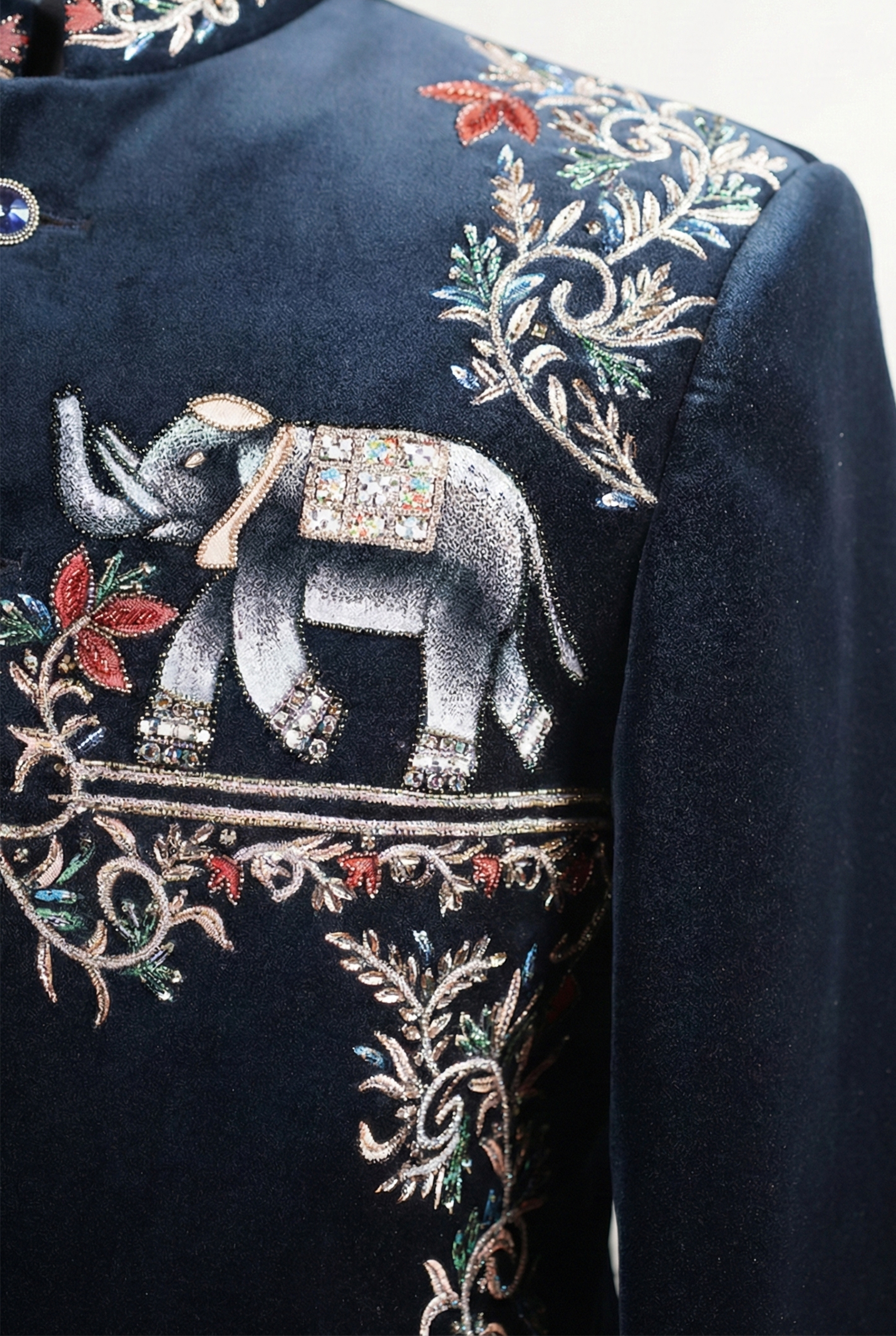 Navy Blue Velvet Embroidered Bandhgala