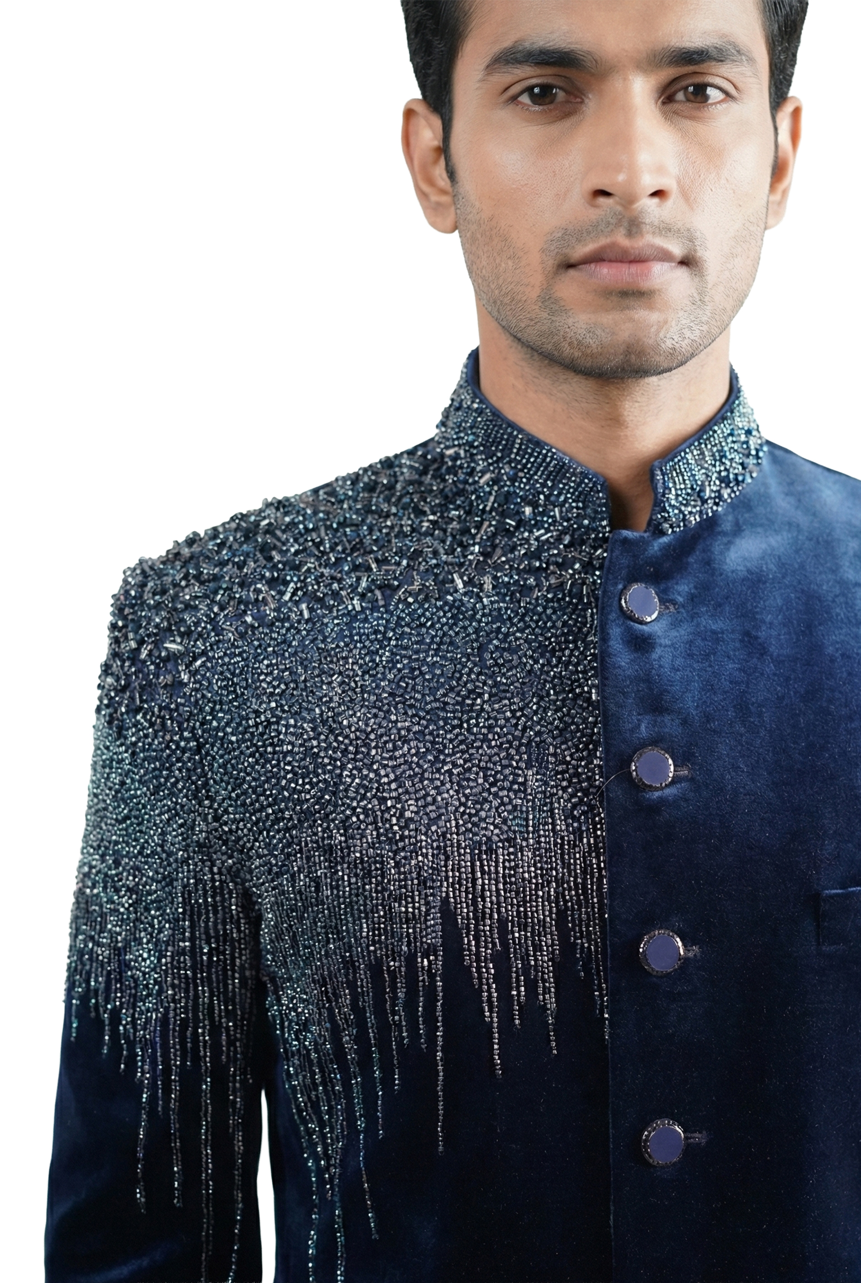 Navy Blue Velvet Bandhgala Jacket