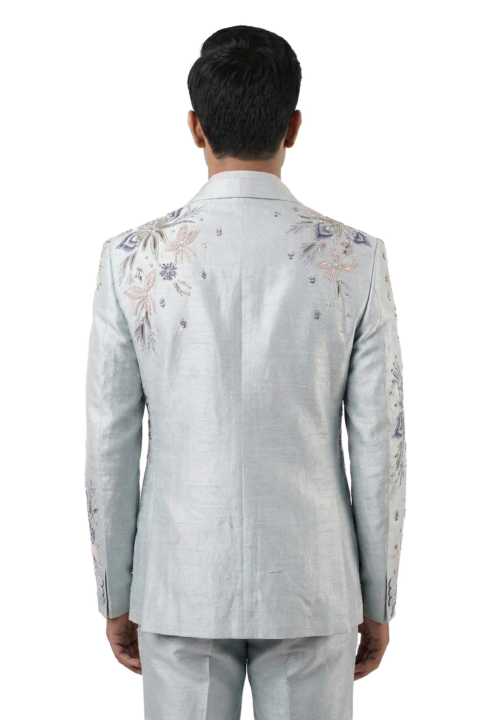 Powder Blue Floral Embroidered Blazer Jacket