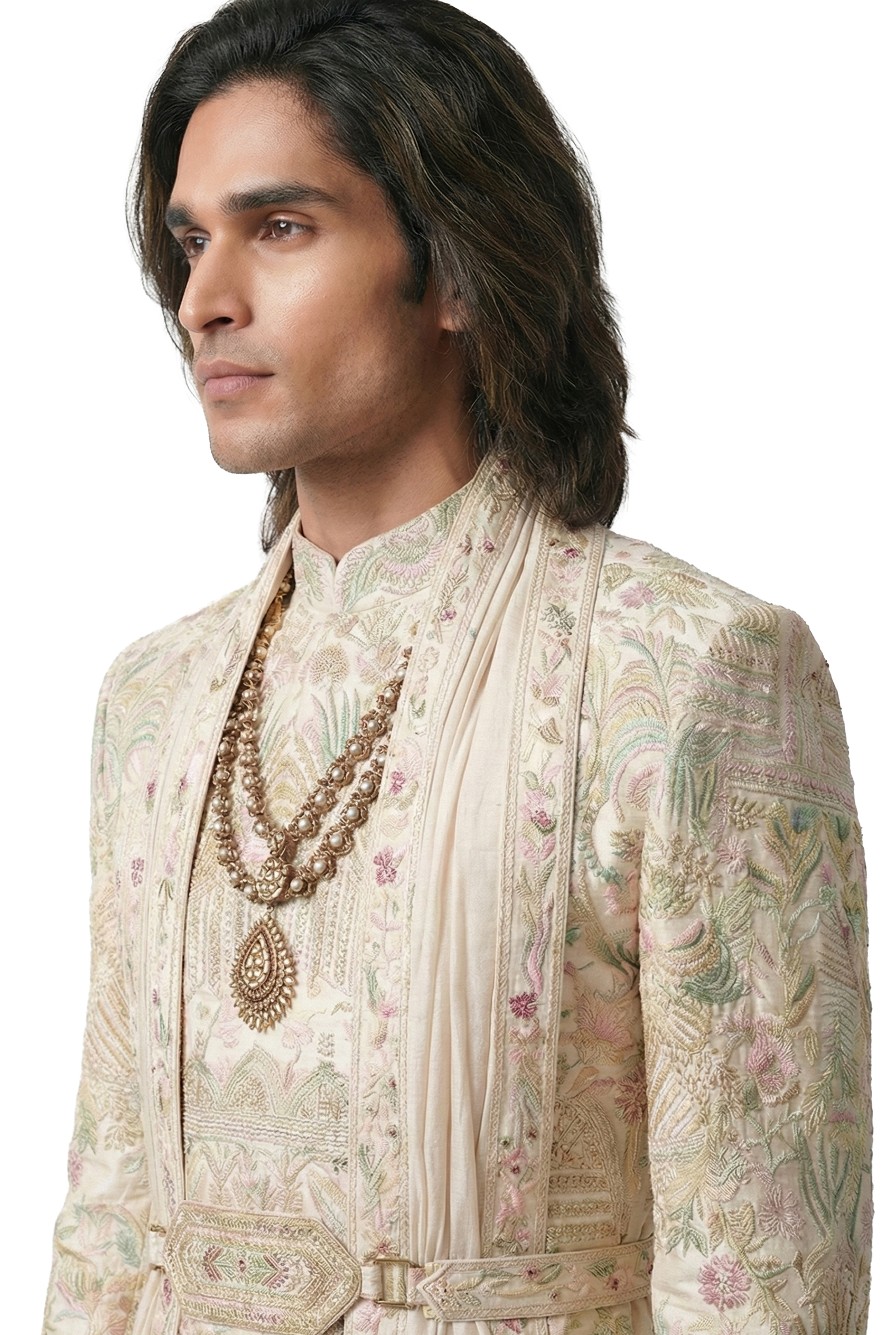 Ivory Pastel Embroidered Sherwani Set with Belt