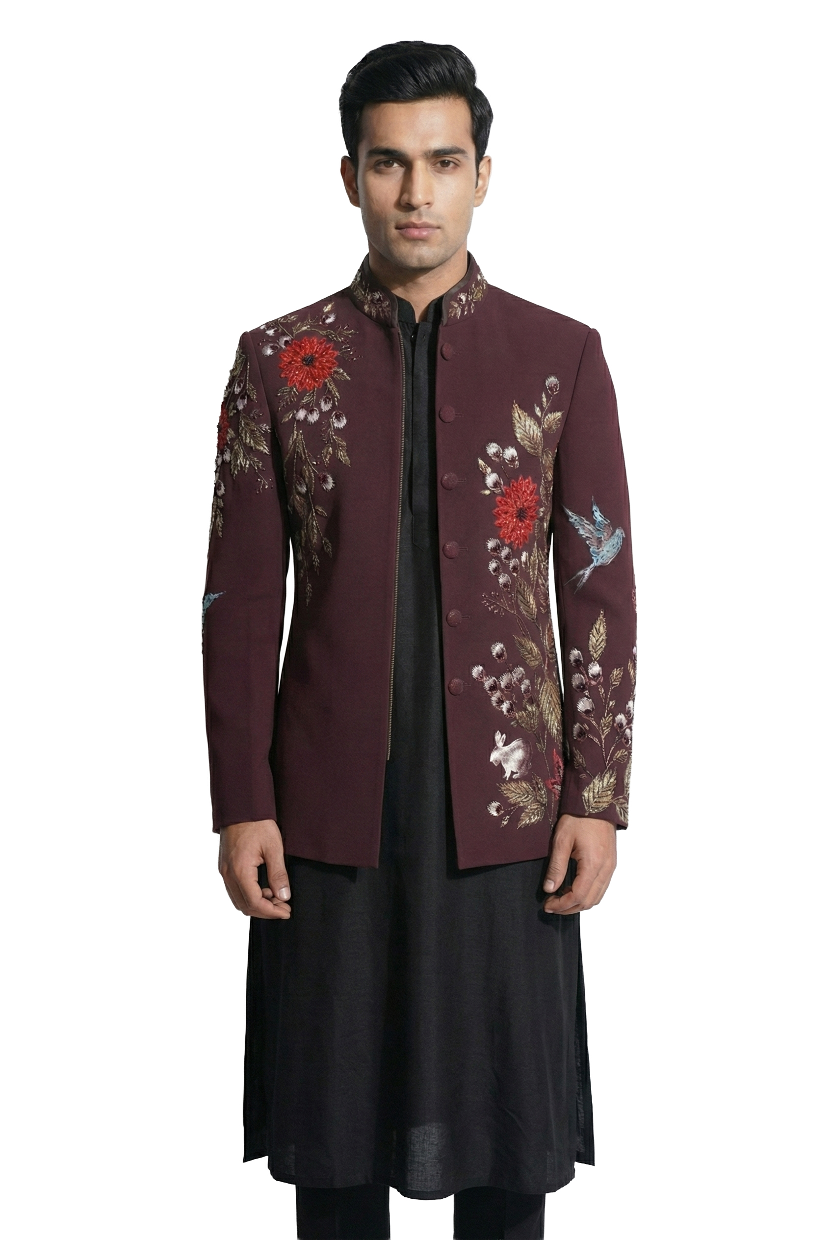 Wine Floral Embroidered Zip-Front Jacket Set