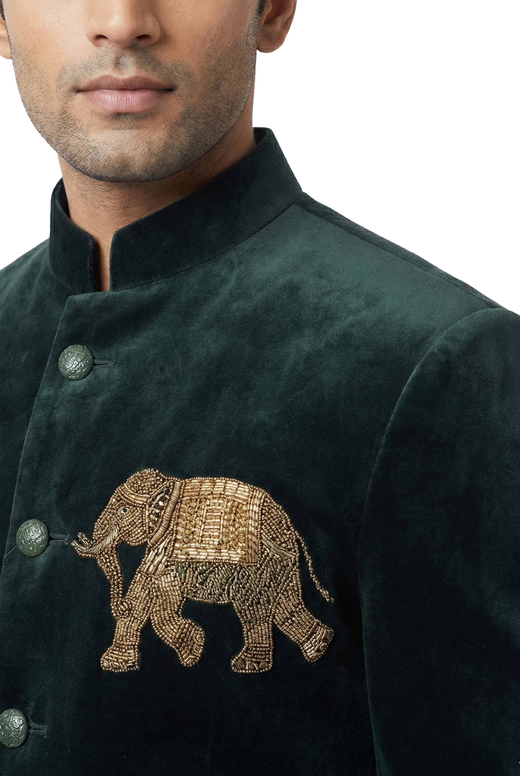 Deep Green Velvet Bandhgala with Elephant Motif