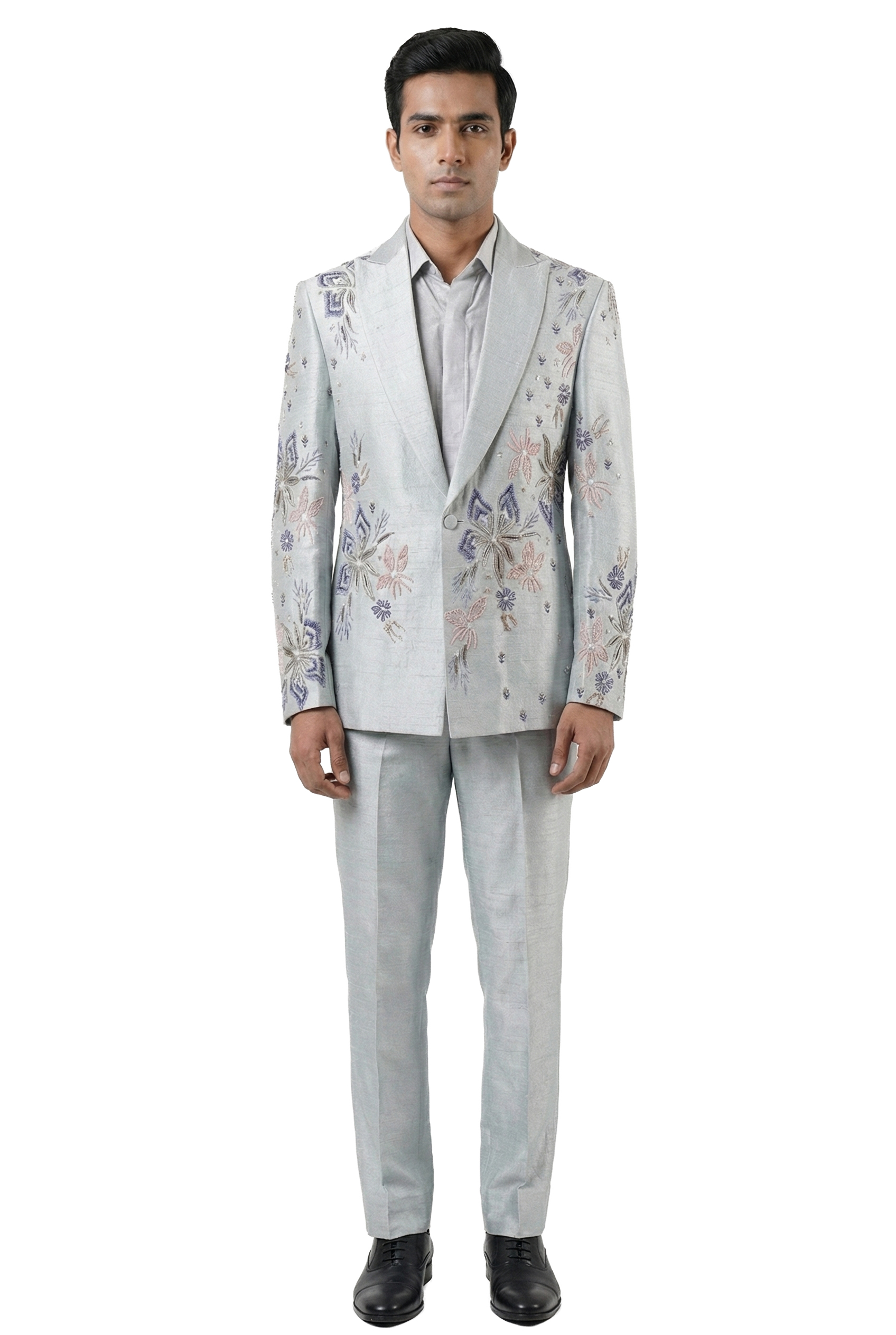 Powder Blue Floral Embroidered Blazer Jacket