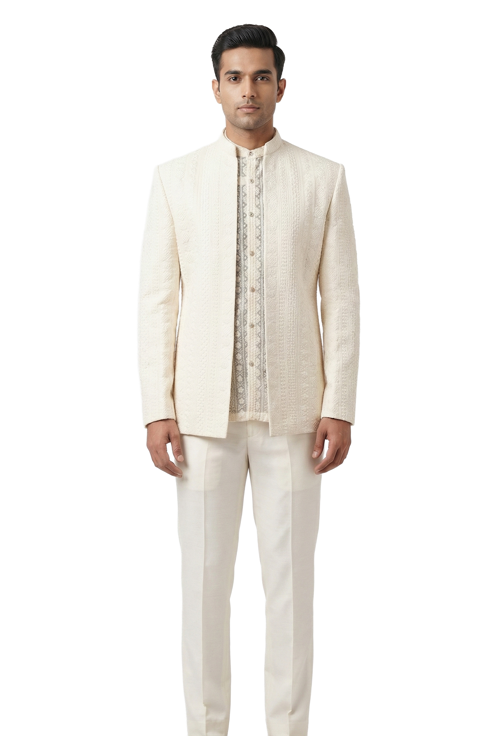 Ivory Textured Embroidered Open-Style Jacket Set