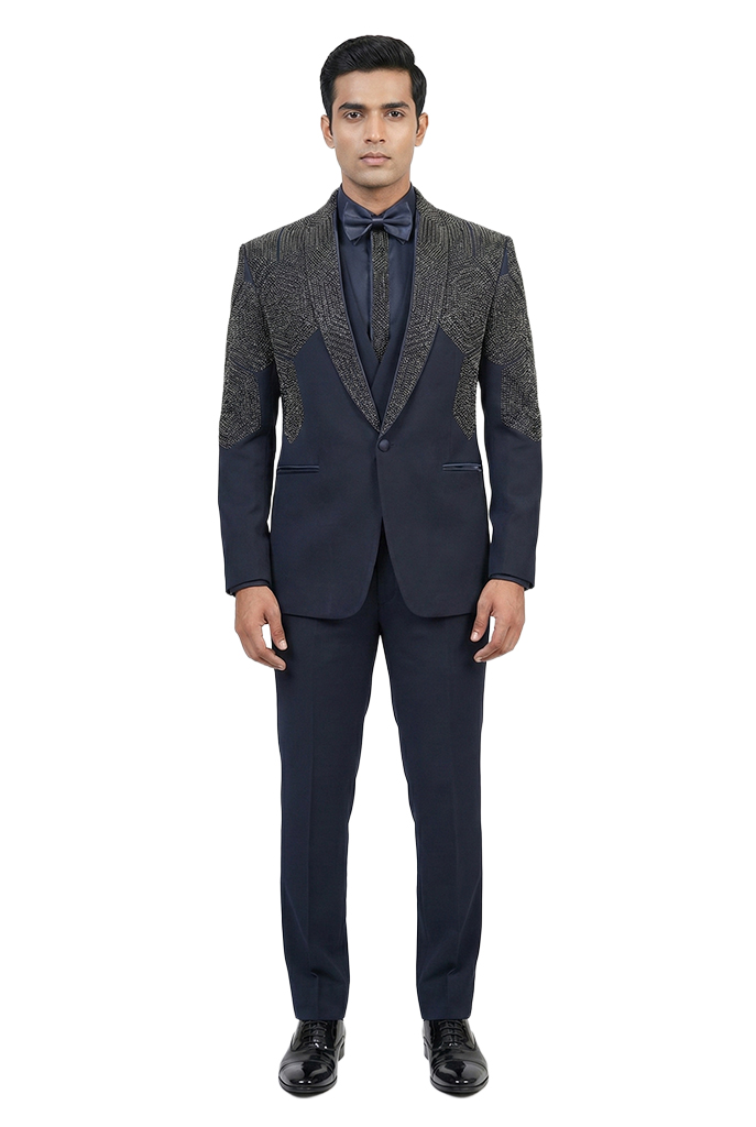 Navy Blue Embellished Tuxedo Set