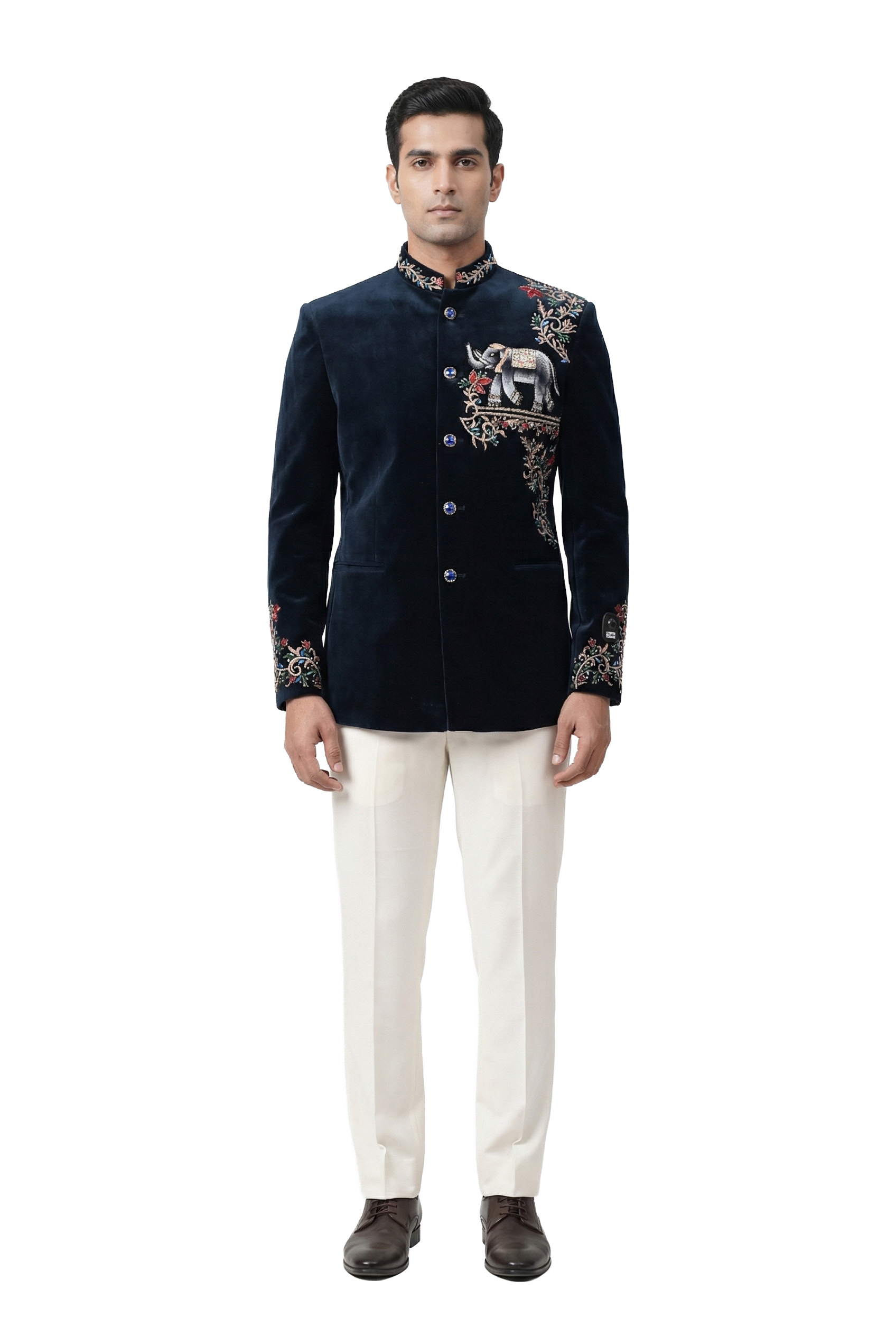 Navy Blue Velvet Embroidered Bandhgala