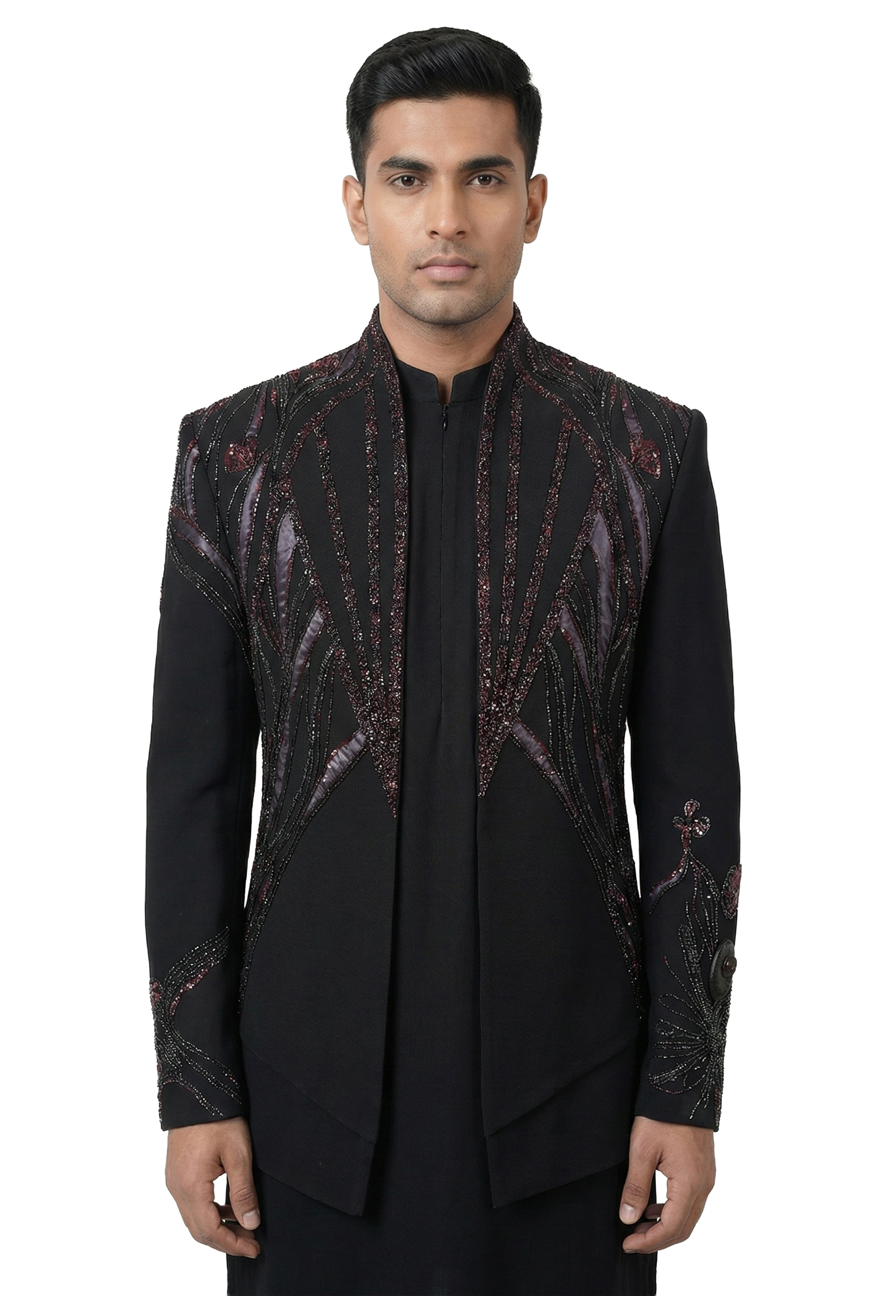 Black Gem-Embellished Open-Style Jacket Set