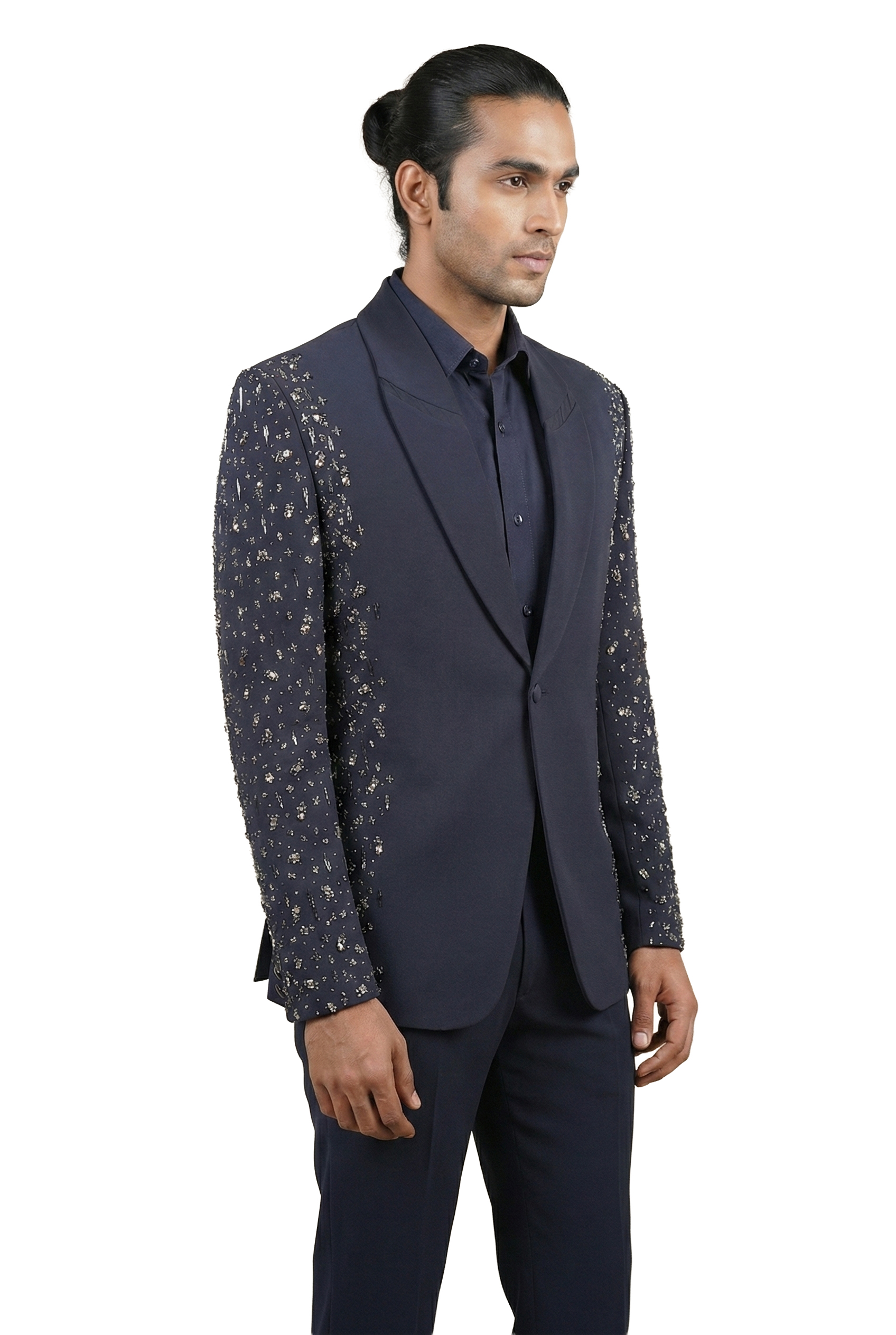 Navy Blue Gem-Embellished Tuxedo Set